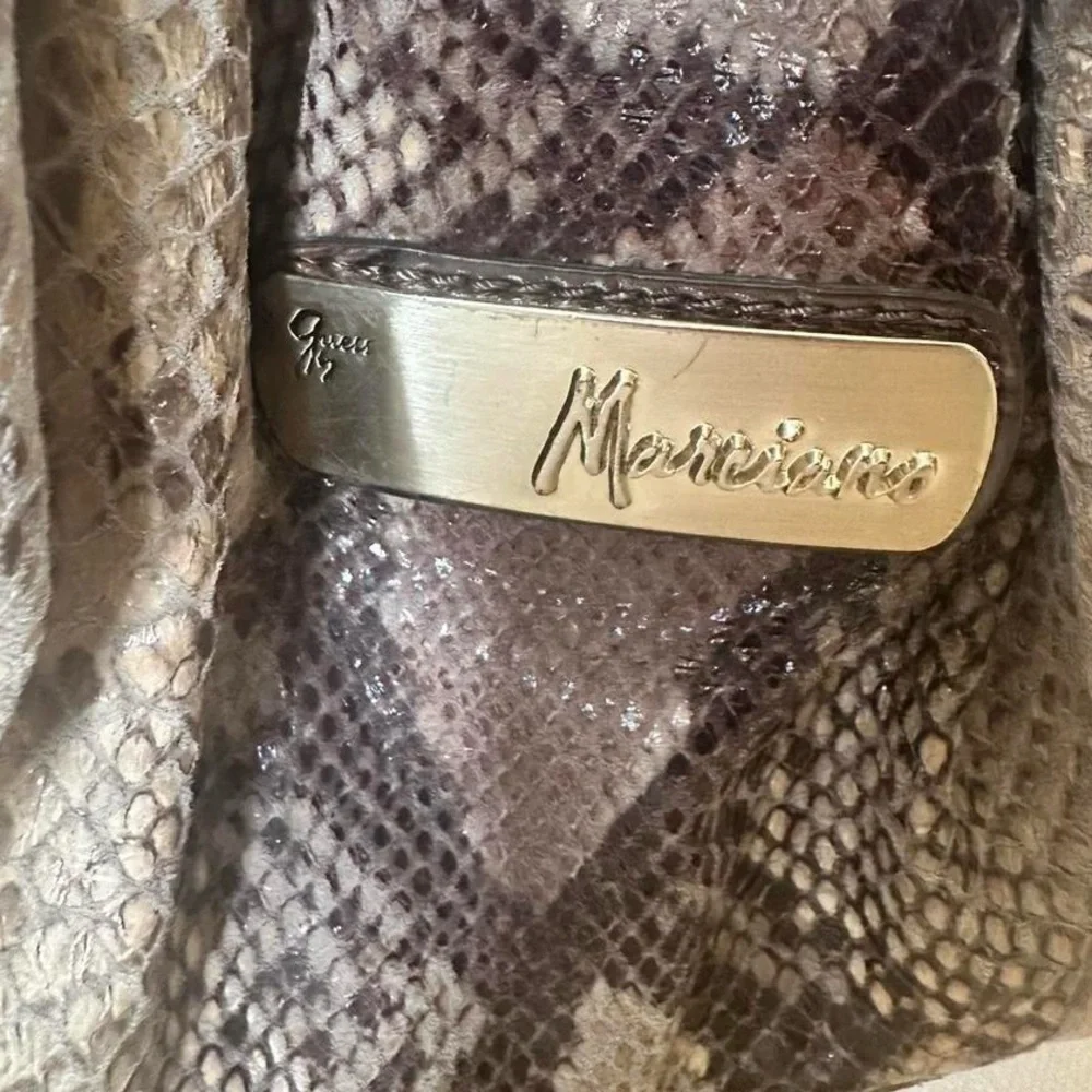 Marciano by Guess Snakeprint Ring Handle Purse Gold Hardware Neutral Brown Gray